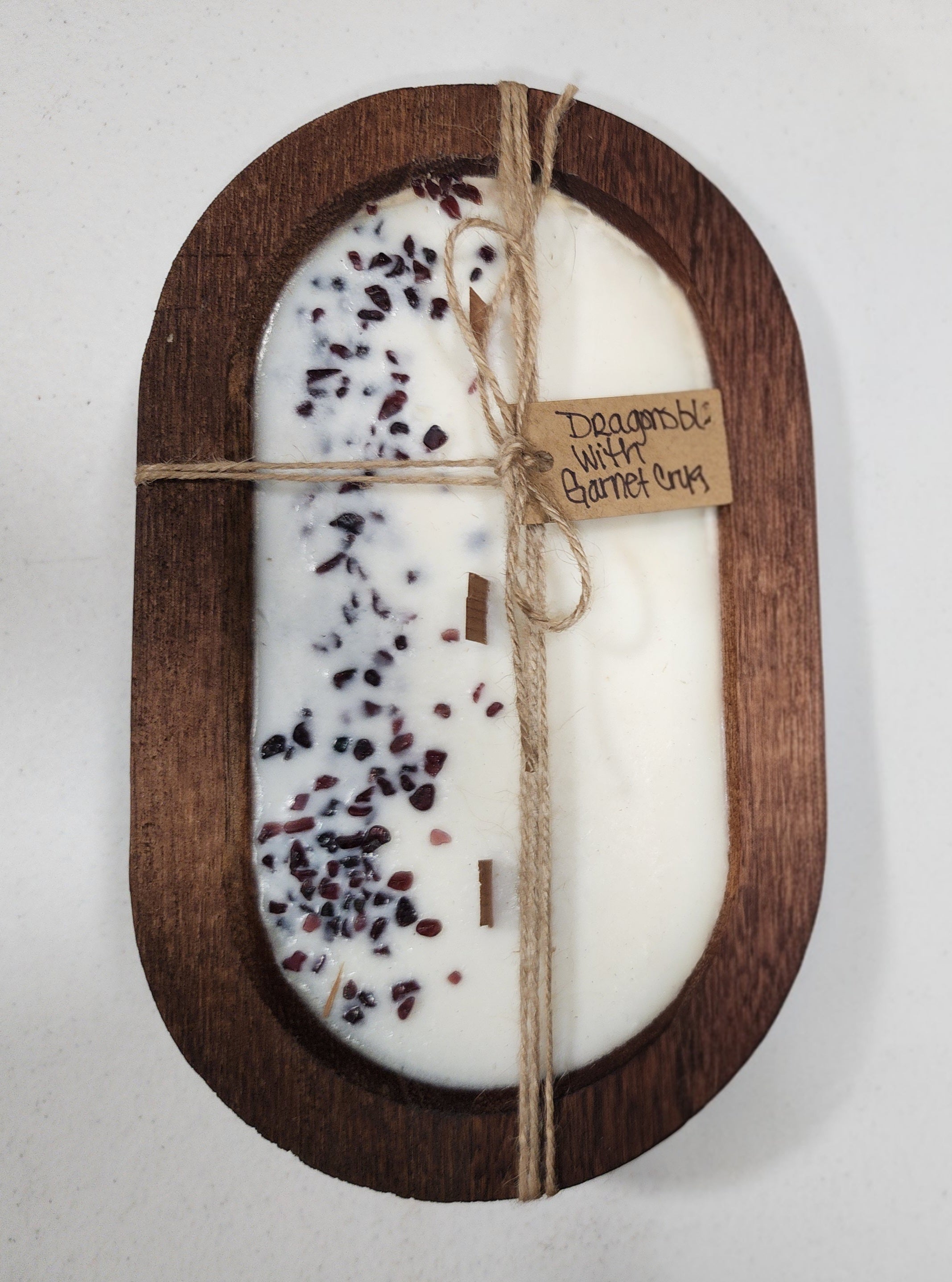Hand Poured Soy Candle in Oblong Wood Bowl with Crystals
