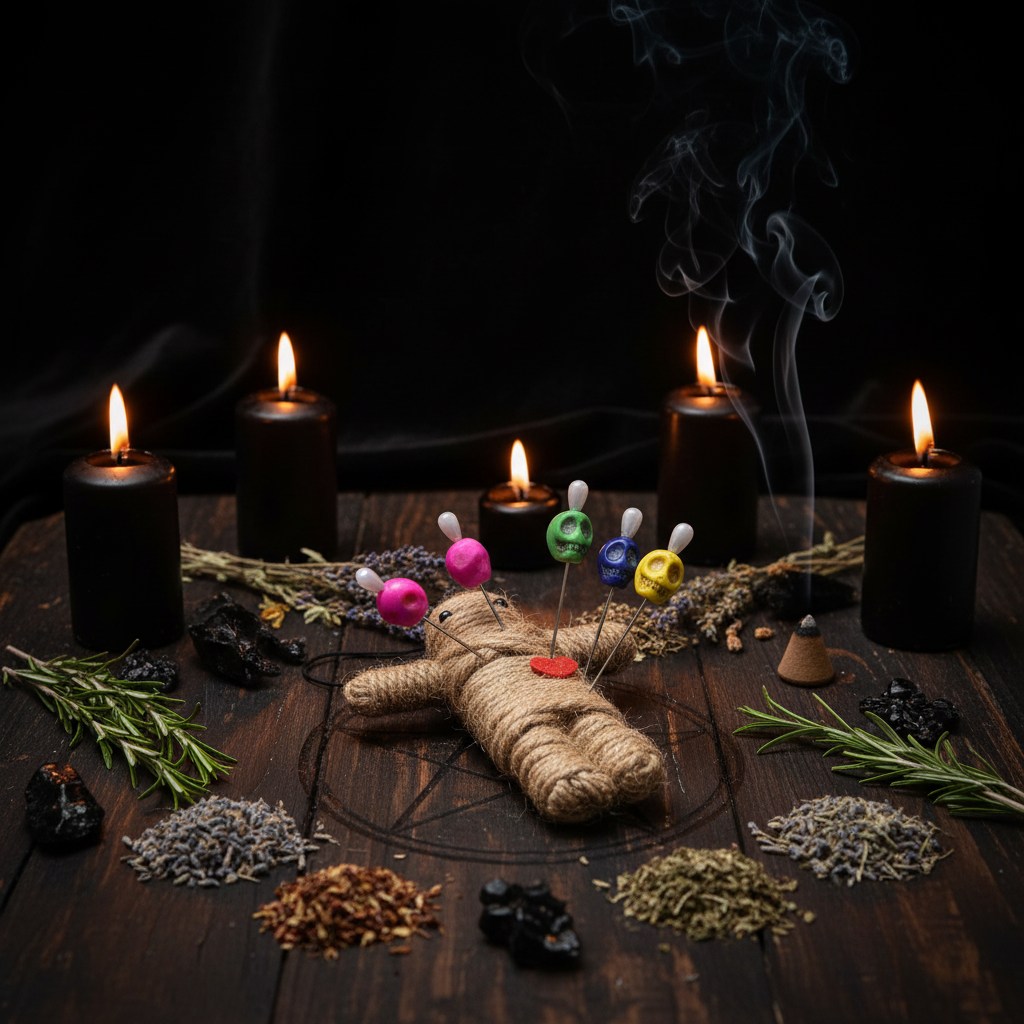 Jute twine voodoo doll with skull pins on a dark witchy altar surrounded by black candles, dried herbs, and moody candlelight
