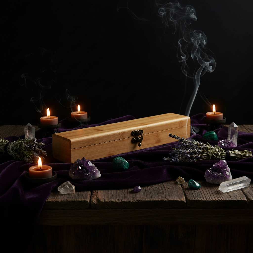 Premium bamboo incense box with retro latch on a dark witchy altar with smoke, crystals, and candlelight